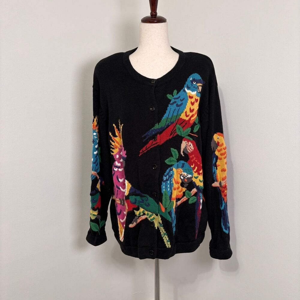 Vintage 90s Quacker Factory Black Embroidered Colorful Parrot Cardigan Sz L